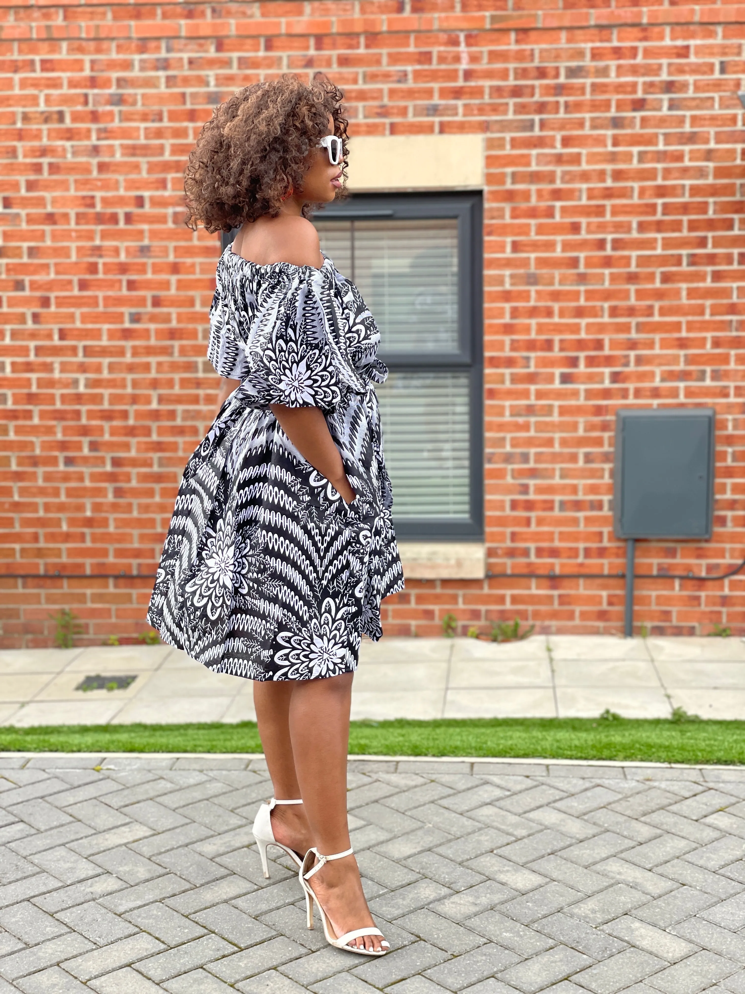 Bertha Ankara Off shoulder Midi Dress | Black and White African Print