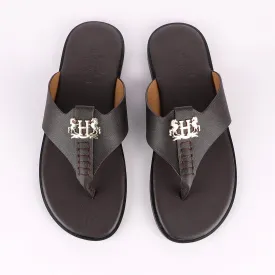 Hermes Paris With Logo Coffee Leather Slippers